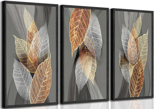 3 Pieces Modern Abstract Leaves Canvas Wall Art Inspirational Painting Picture Wall Decor Poster Print Artwork for Living Room Bedroom Bathroom Office Home Decoration Unframed
