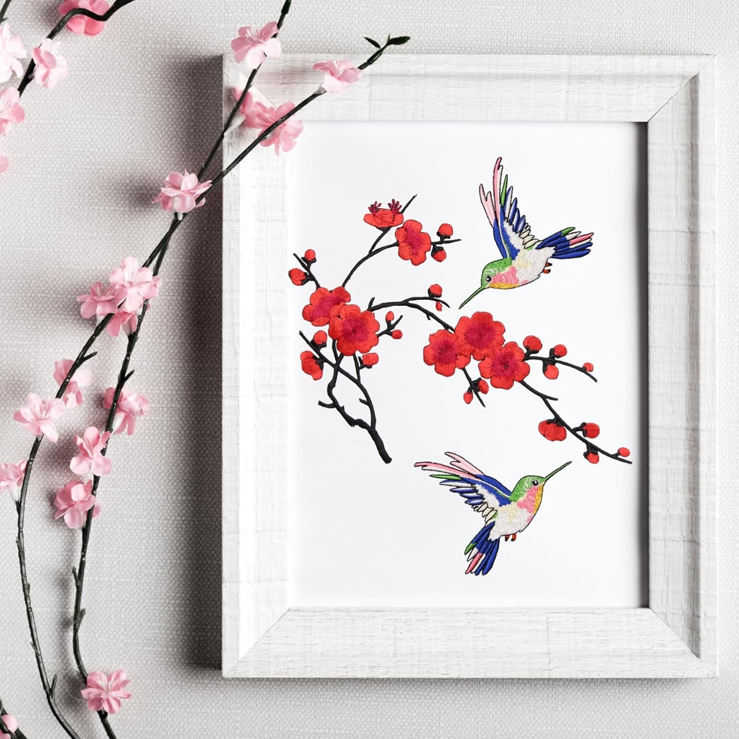 Ava Large Iron on Patches, Red Plum Blossom and Hummingbird Embroidered Patches for Clothes, Chinese Style Applique for Hats, Jeans, Backpacks, Decor for Happy and Hope