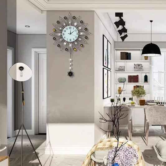 Large Pendulum Wall Clock,Non-Ticking Silent Quartz Metal Wall Clocks,Flower Fancy Wall Clocks for Living Room Decor