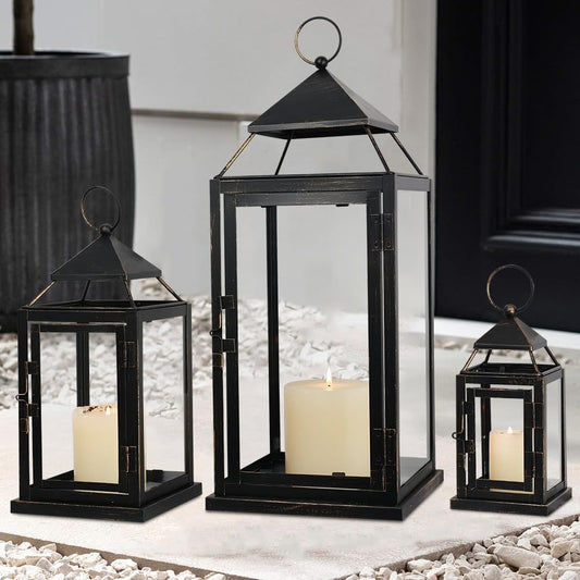 Lanterns Decorative Outdoor&Indoor, Set of 3 Outdoor Lanterns for Porch, Vintage Candle Lantern Decor for Living Room, Fireplace, Fall, Christmas, Garden, Wedding, Yard, Bronze