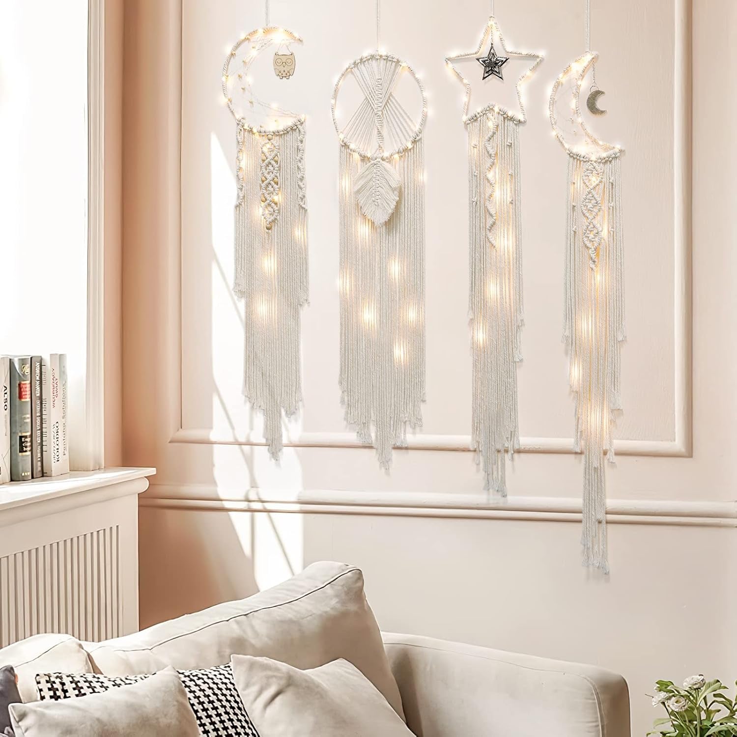 4 Pack Boho Dream Catcher Wall Decor Moon Dream Catcher Macrame Woven Wall Hanging Boho Home Decor Wall Art Beautiful Apartment Dorm Room Decor (Beige)