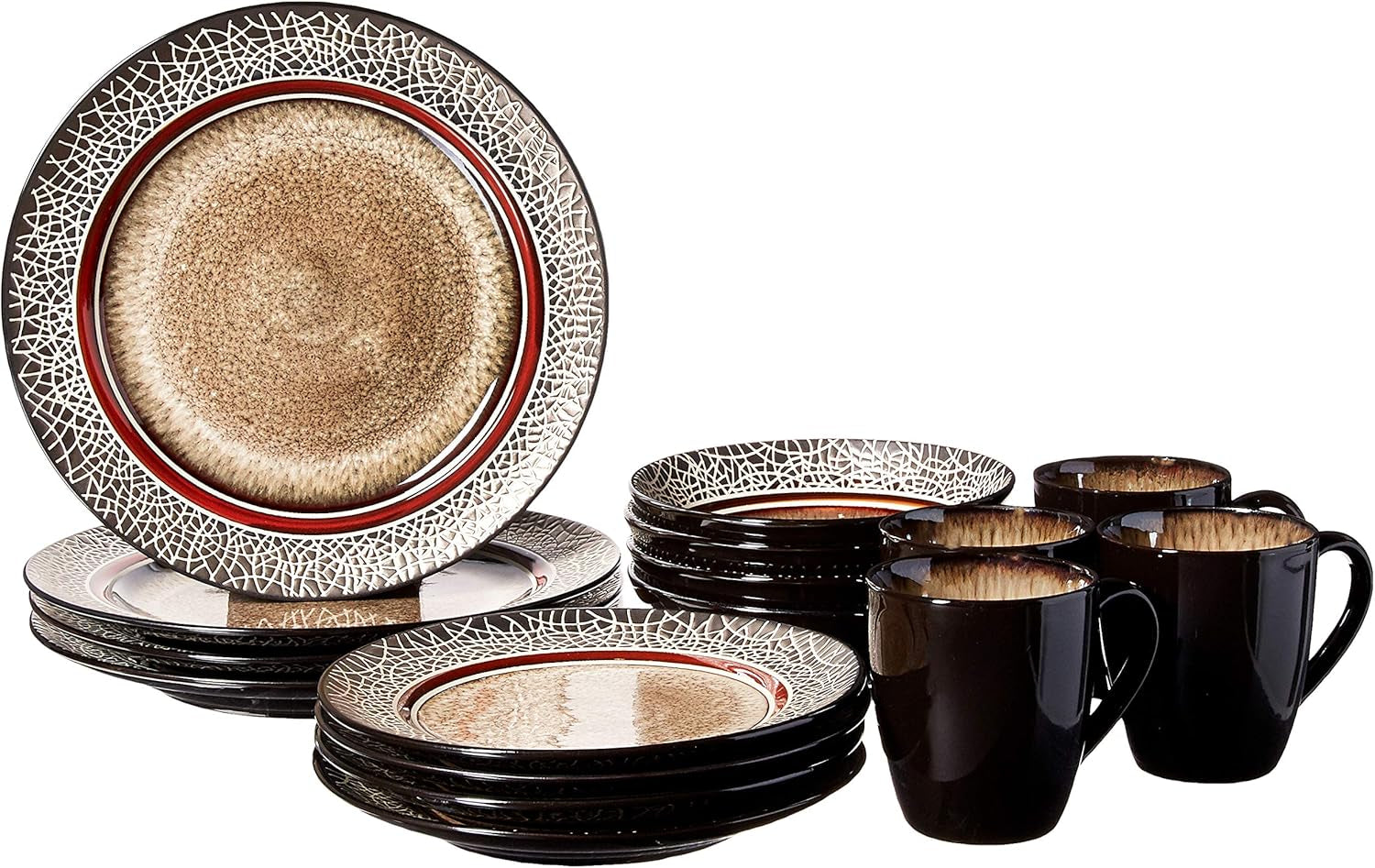 Markham Square Casual round Dinnerware Set – 16-Piece Stoneware Dinner Party Collection W/ 4 Dinner Plates, 4 Salad Plates, 4 Bowls & 4 Mugs – Unique Gift Idea, Brown, 11X11X4"
