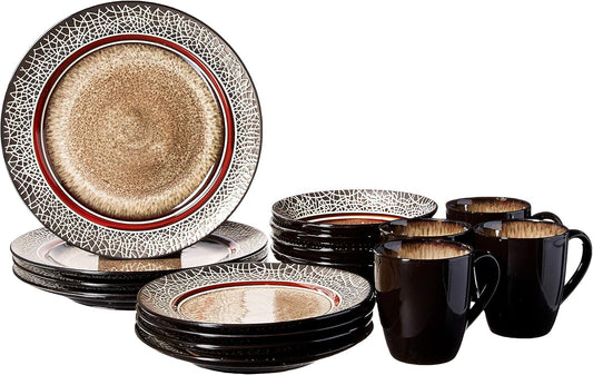Markham Square Casual round Dinnerware Set – 16-Piece Stoneware Dinner Party Collection W/ 4 Dinner Plates, 4 Salad Plates, 4 Bowls & 4 Mugs – Unique Gift Idea, Brown, 11X11X4"