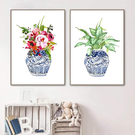 Chinoiserie Art Print Ginger Jar Blue White Porcelain China Ming Vase Canvas Wall Art Chinoiserie Art Print Poster Wall Art Decor Poster Painting on Canvas Print Pictures Floral Decor Art No Frame