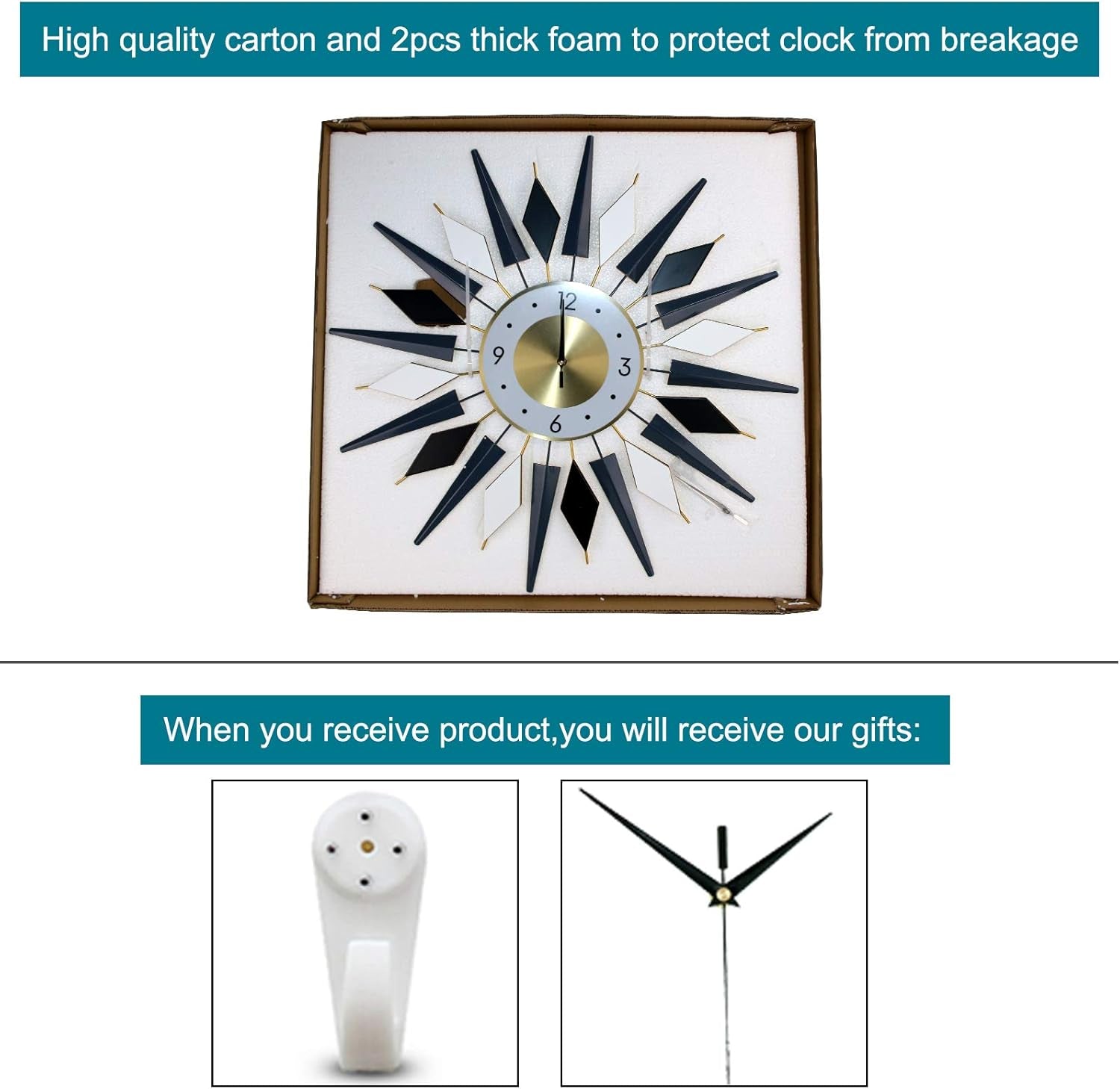 Large 23.6 INCH Metal Starburst Wall Clock,Non-Ticking Silent Quartz Mid-Century Satellite Large Wall Clocks, Big Wall Clocks for Living Room Kitchen Office Decor…