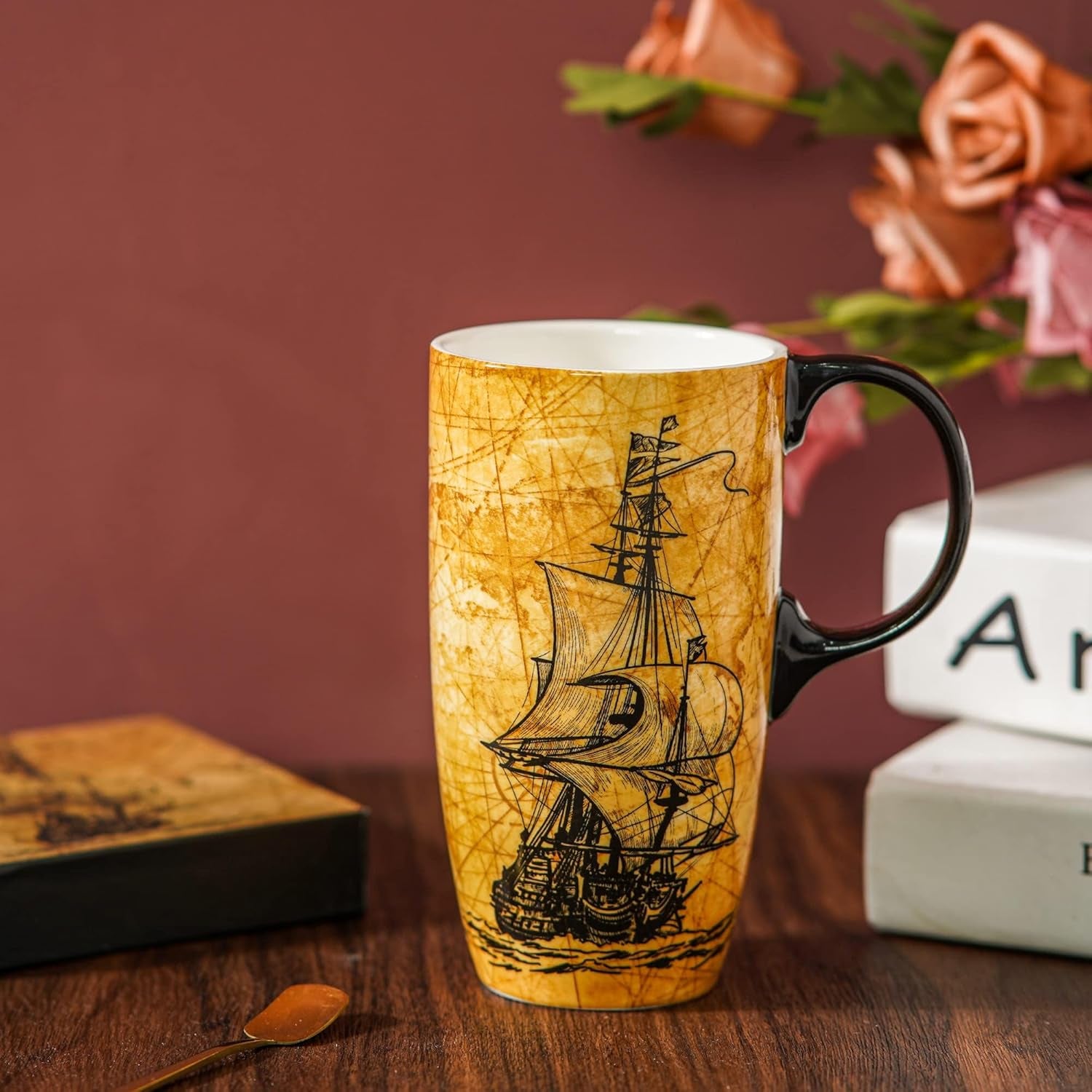 Coffee Ceramic Mug Porcelain Latte Tea Cup with Lid 17Oz, Novelty Coffee Mugs for Men Women Office & Home Sailboat