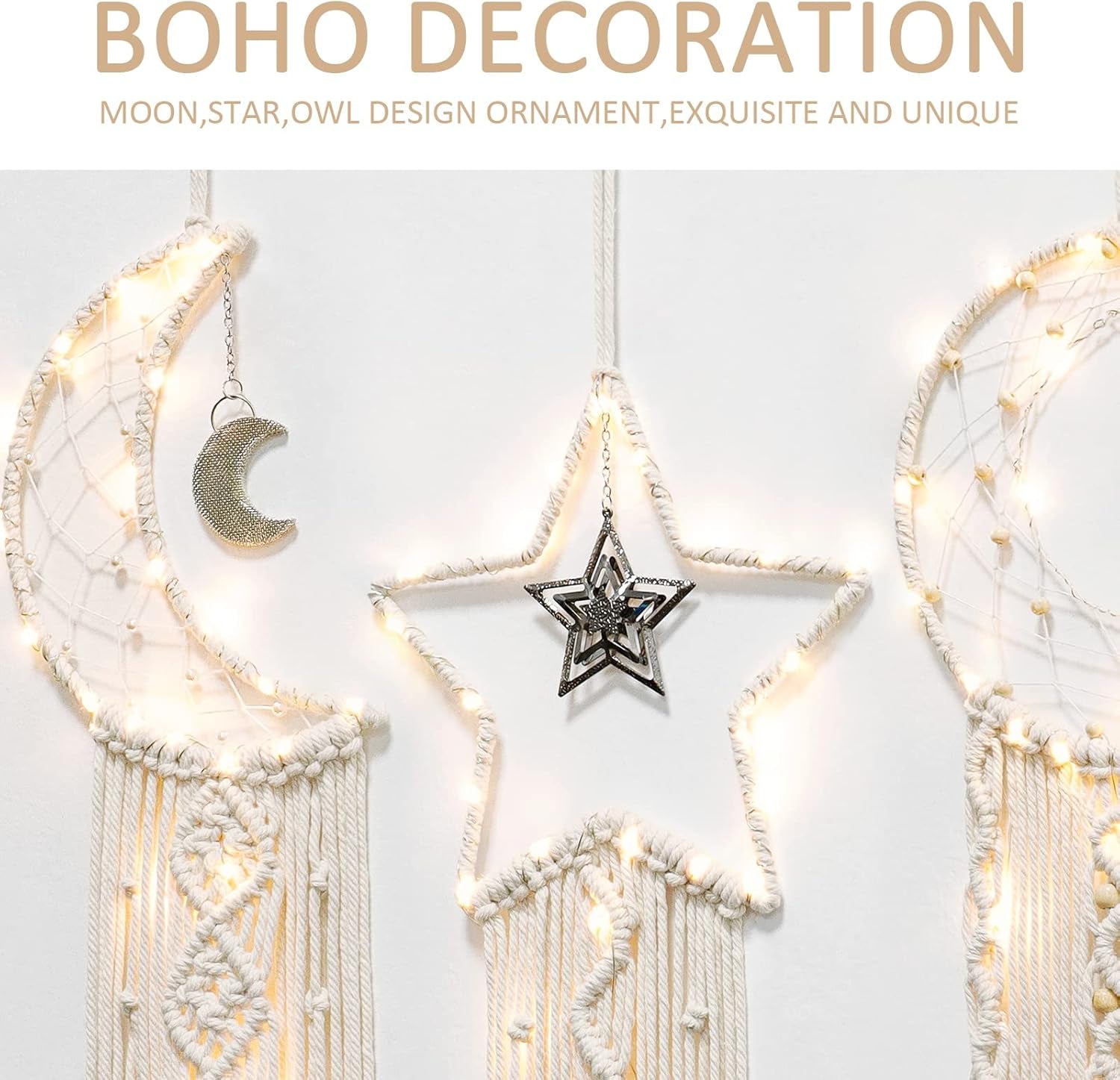 4 Pack Boho Dream Catcher Wall Decor Moon Dream Catcher Macrame Woven Wall Hanging Boho Home Decor Wall Art Beautiful Apartment Dorm Room Decor (Beige)