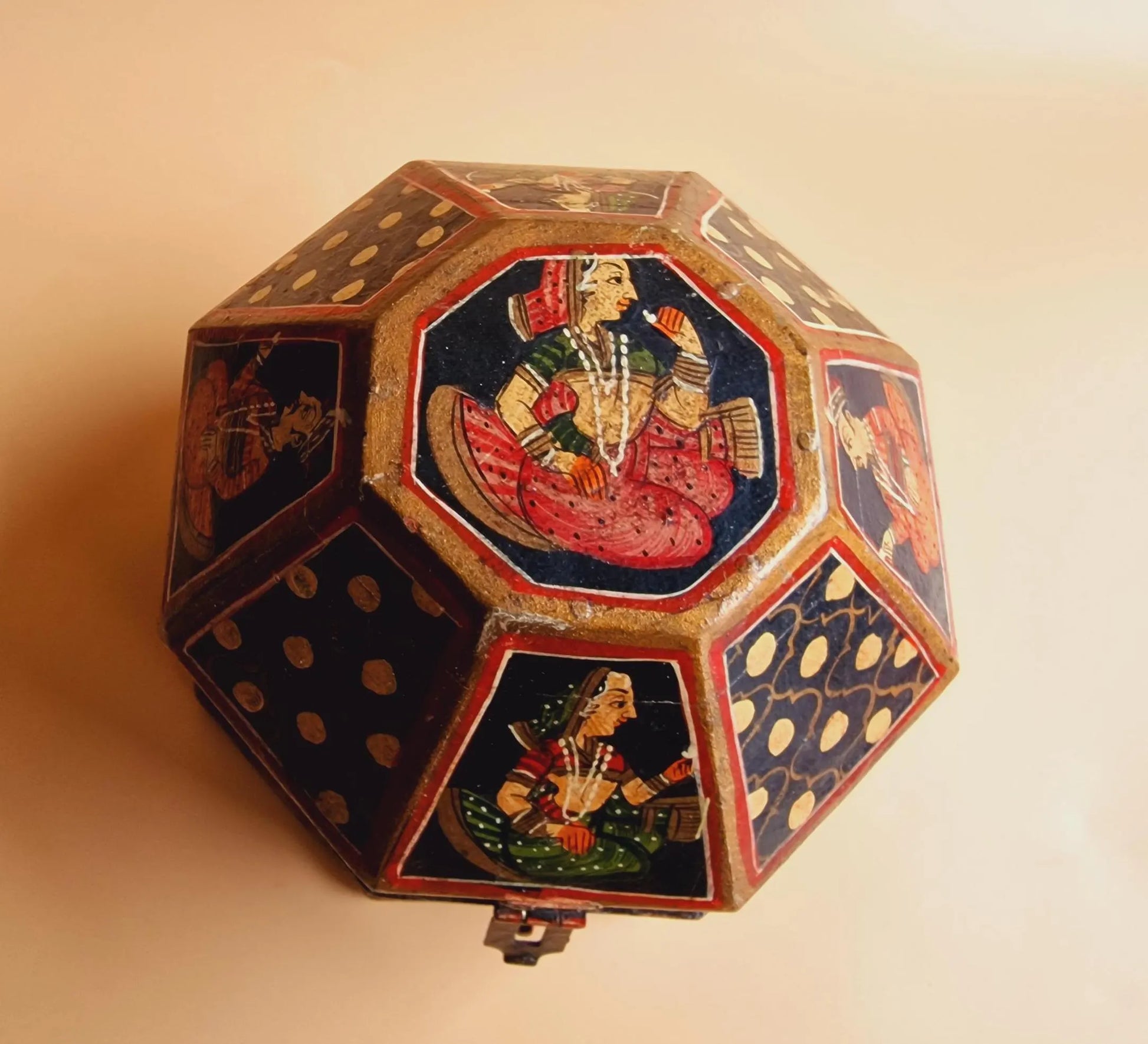 Vintage Indian Octagonal Wooden Box, Antique Mughal Wood Turban Marriage Box