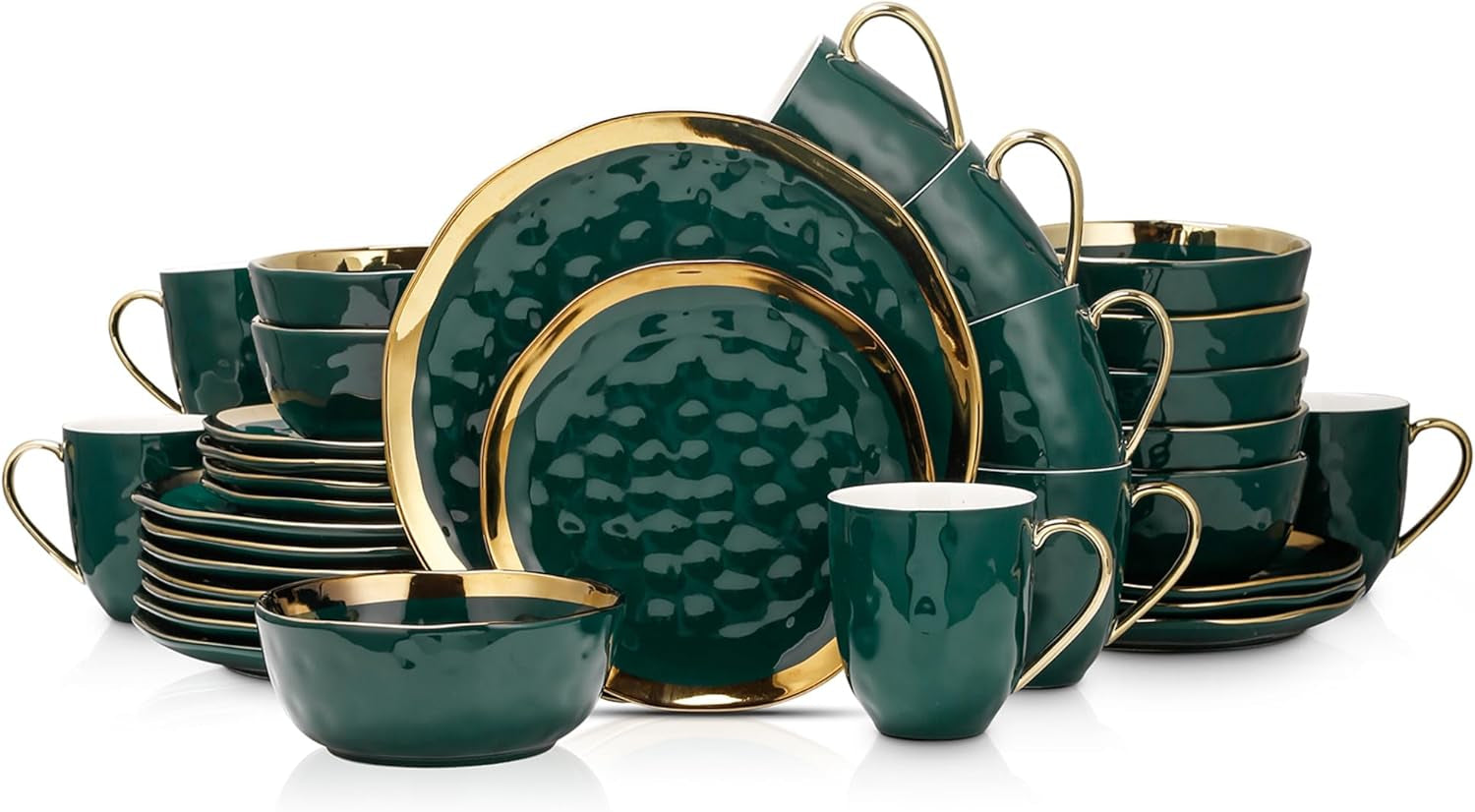 Florian Modern Porcelain Dish Set, 32-Piece Dishes for 8, Gold and Green (Porcelain Dinnerware Set)