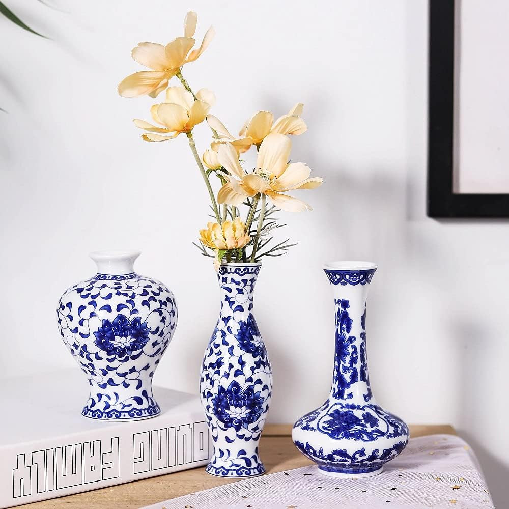 Small Blue and White Vase Classical Ceramic Vases Set of 3, Chinese Porcelain Vases with Art Flambed Glazed,Decorative Modern Floral Vase for Home Decor and Events (No.01)