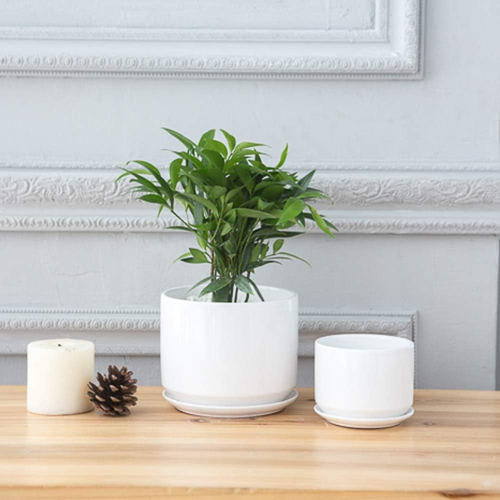 4+5+6 Inch Glazed Plant Pots with Connected Saucers, round Modern Ceramic Flower Pots - Small to Large Size for All House Plants, Flowers and Succulent, Set of 3 (White)