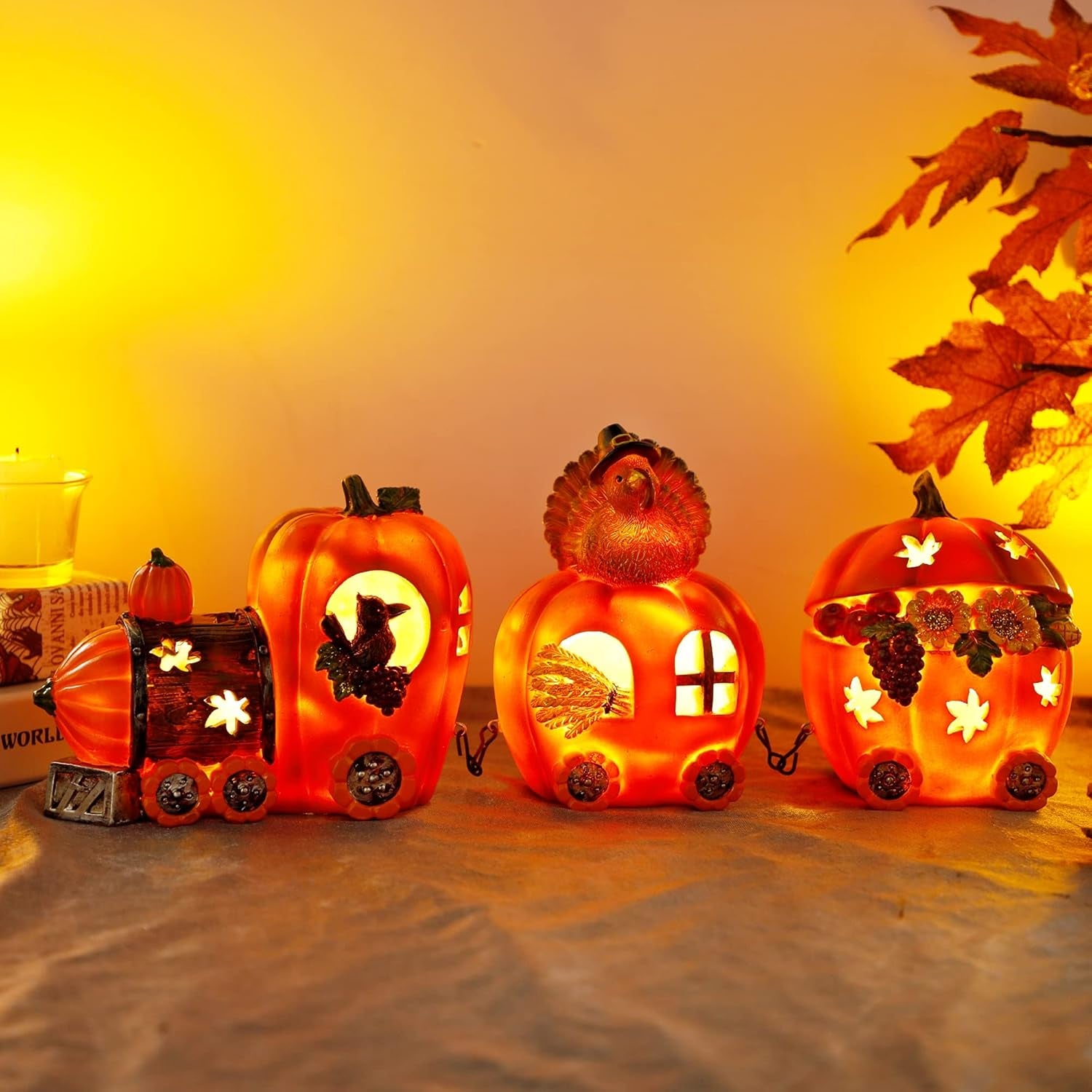 Thanksgiving Table Decorations Resin Pumpkin Turkey Carriage Train with LED Lights, Turkey Tabletop Centerpieces Fall Harvest Decor for Home Kitchen