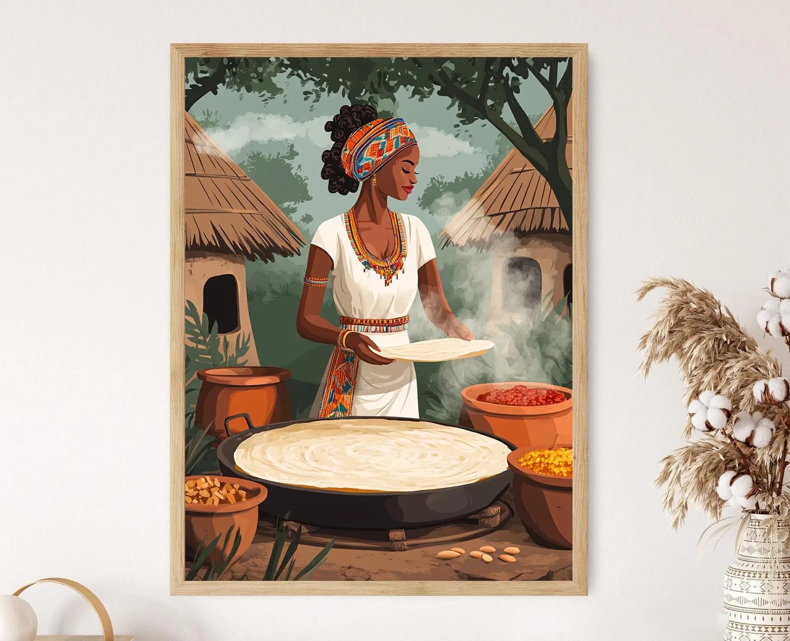 Ethiopian Woman Cooking Injera Art Print, Traditional African Kitchen, Cultural Decor