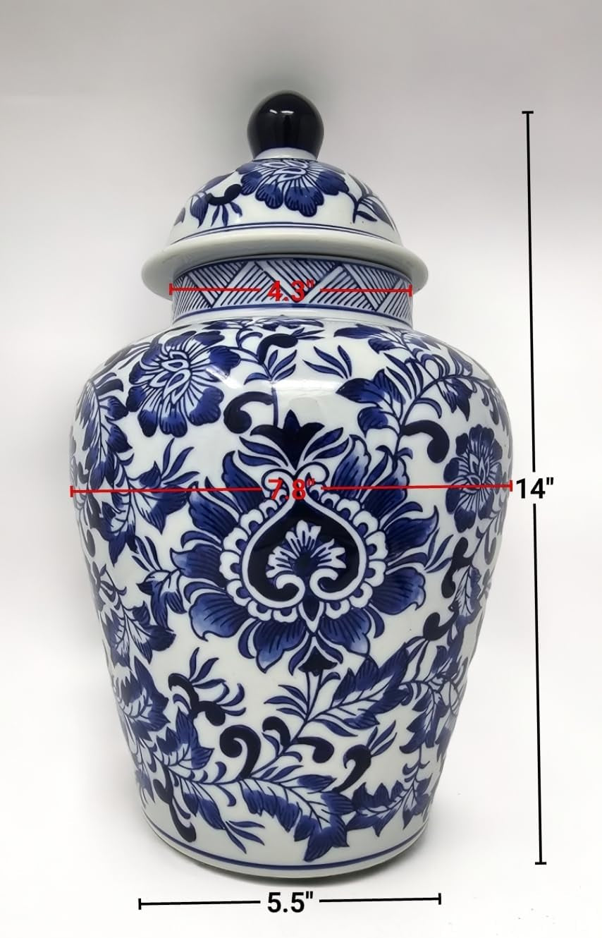 12.5" Blue and White Porcelain Floral Temple Ginger Jar Vase, China Qing Style (Blue)
