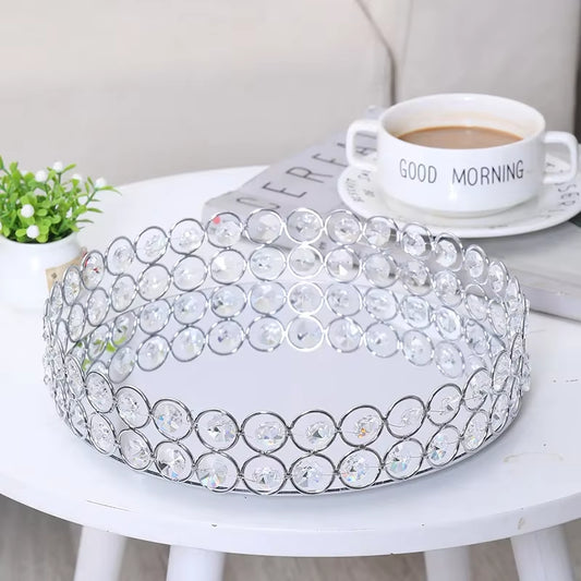 Crystal Decoratiive Mirror Tray round Plate Luxury Serving Tray Table Metal Makeup Storage Dishes Wedding Trinket Decoration