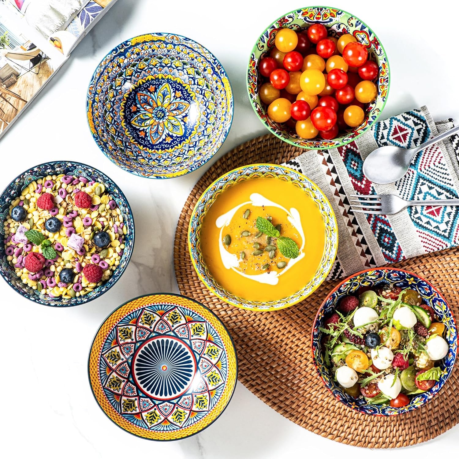 Ceramic Cereal, Soup Bowls Set of 6-25 Oz Porcelain Serving Bowls for Dinner, Pasta, Salad, Oatmeal, Microwave & Dishware Safe - Bohemian Style