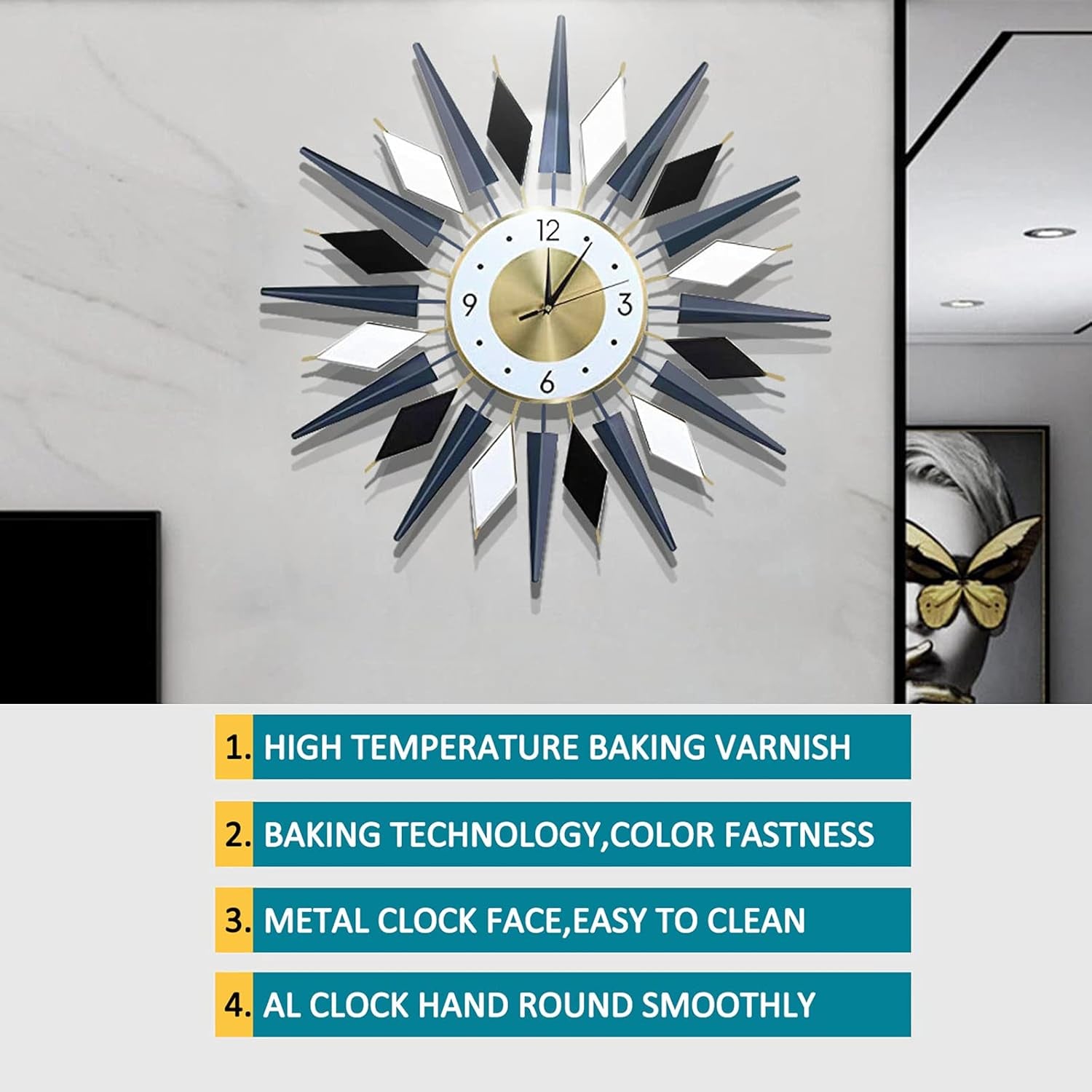 Large 23.6 INCH Metal Starburst Wall Clock,Non-Ticking Silent Quartz Mid-Century Satellite Large Wall Clocks, Big Wall Clocks for Living Room Kitchen Office Decor…