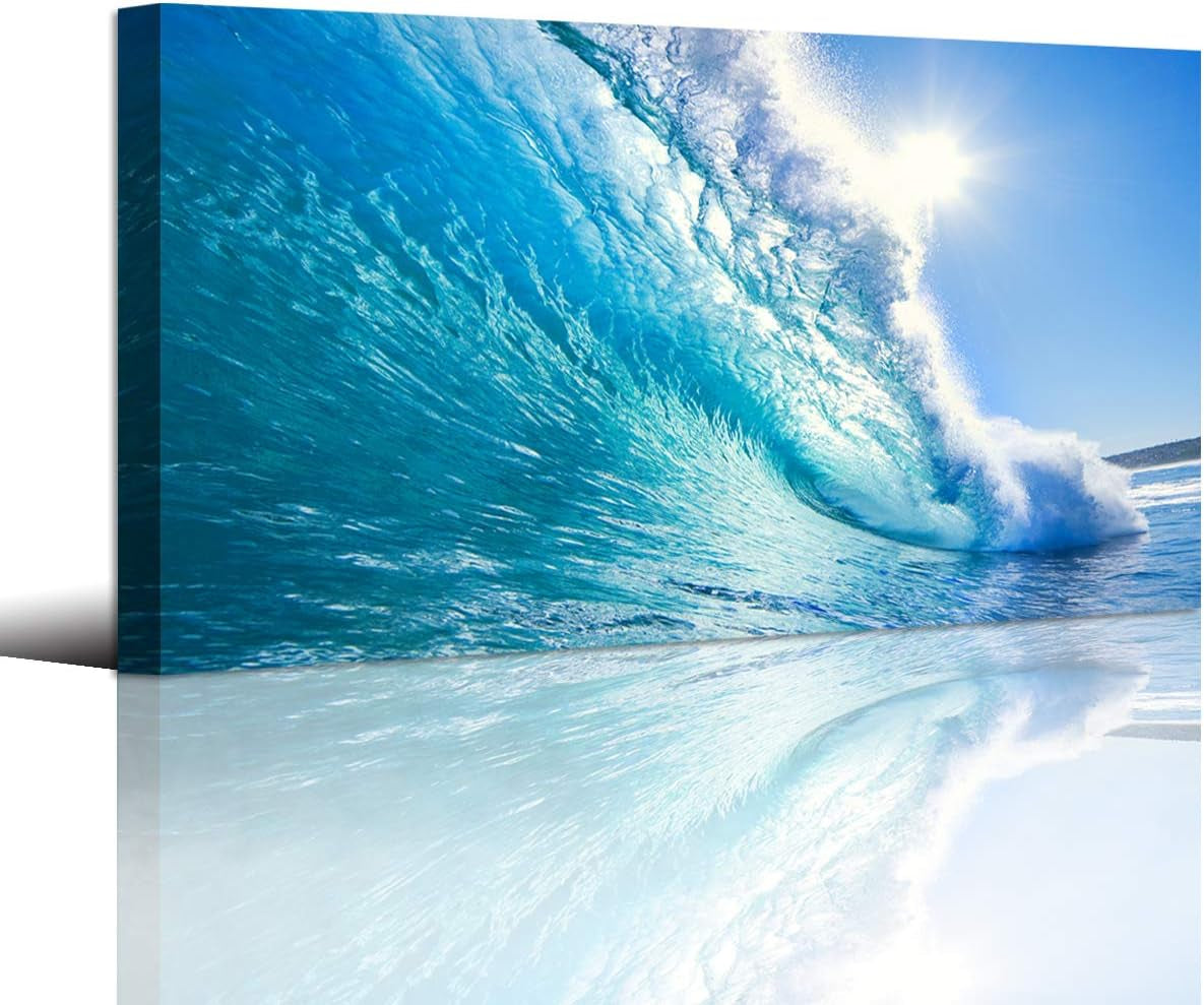 Blue Secape Canvas Prints Wall Art Blue Ocean Wave Surfing Sea Picture Paintings on Canvas Modern Canvas Art for Living Room Bedroom Office Wall Decorations Ready to Hang-24X48Inches
