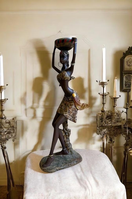 Elegant African Lady Figurine – 33 Cm Exotic Tribal Woman Sculpture with Bowl, Ethnic Art Decor, Vintage Home Accent