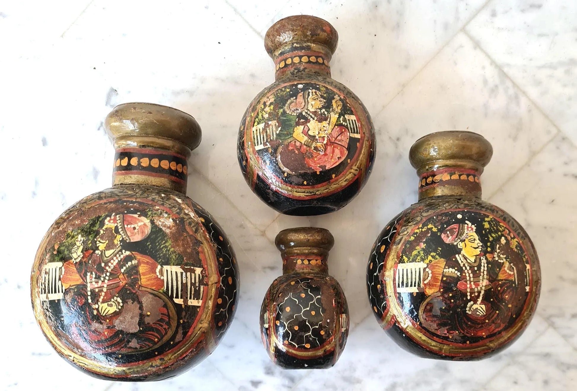 Rare Antique Rajasthani Hand Painted Indian Metal Water Bottles, Set of Four Bottles.