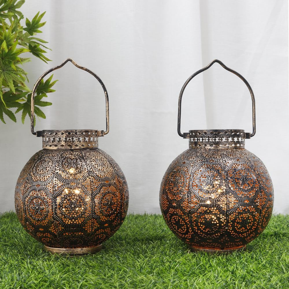 Set of 2 Moroccan Decorative Lamps 7'' High Battery Powered Cordless Lamp Metal Table Lamps with Fairy Lights Bulb for Home Living Room Garden Yard Party Events Tabletop Indoor Outdoor(Brown)