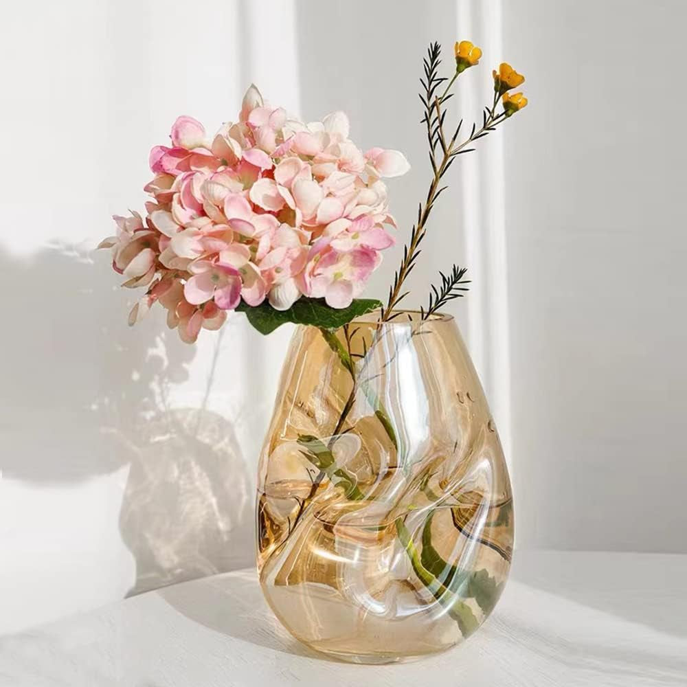 Flower Vases Decorative Boho Clear Glass Vases for Centerpieces Decorative Square Glass Vase for Flowers Home Decor Bedroom Living Room Party Office Wedding (Amber)