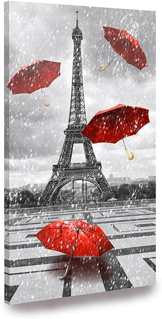 Paris Wall Art Red Umbrellas Canvas Prints Painting Black and White Paris Eiffel Tower Canvas Printing Artwork for Living Room Paris Decor for Bedroom Bathroom Kitchen Home 12X24 Inch