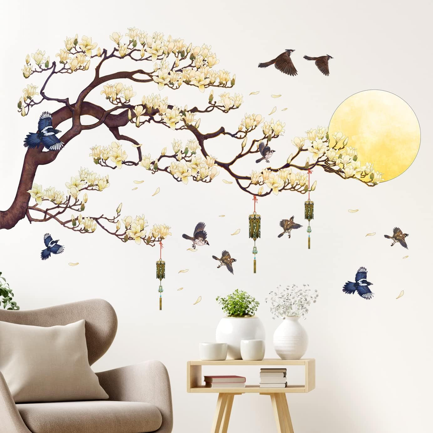 RW-1005 White Magnolia Tree Branch Flying Birds Wall Stickers Peel and Stick 3D DIY Moon Wall Decals Removable Wind Chimes Art Wall Murals for Kids Offices Home Walls Bedroom Decaoration