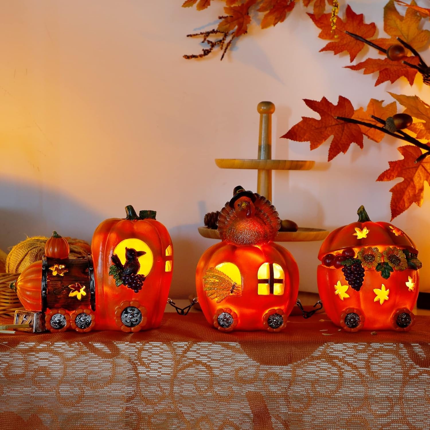 Thanksgiving Table Decorations Resin Pumpkin Turkey Carriage Train with LED Lights, Turkey Tabletop Centerpieces Fall Harvest Decor for Home Kitchen
