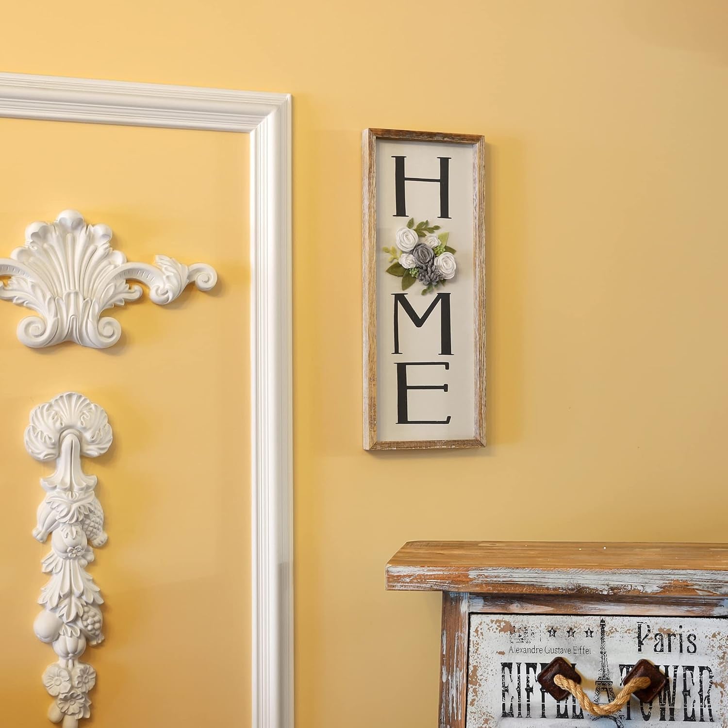 Wall Hanging Decor Home Sign with Felt Flower, Rustic Wooden Hanging Letters Decorative, Wood Vertical Wall Plaque Wall Decor Signs for Living Room House Housewarming Gift, Rustic Brown