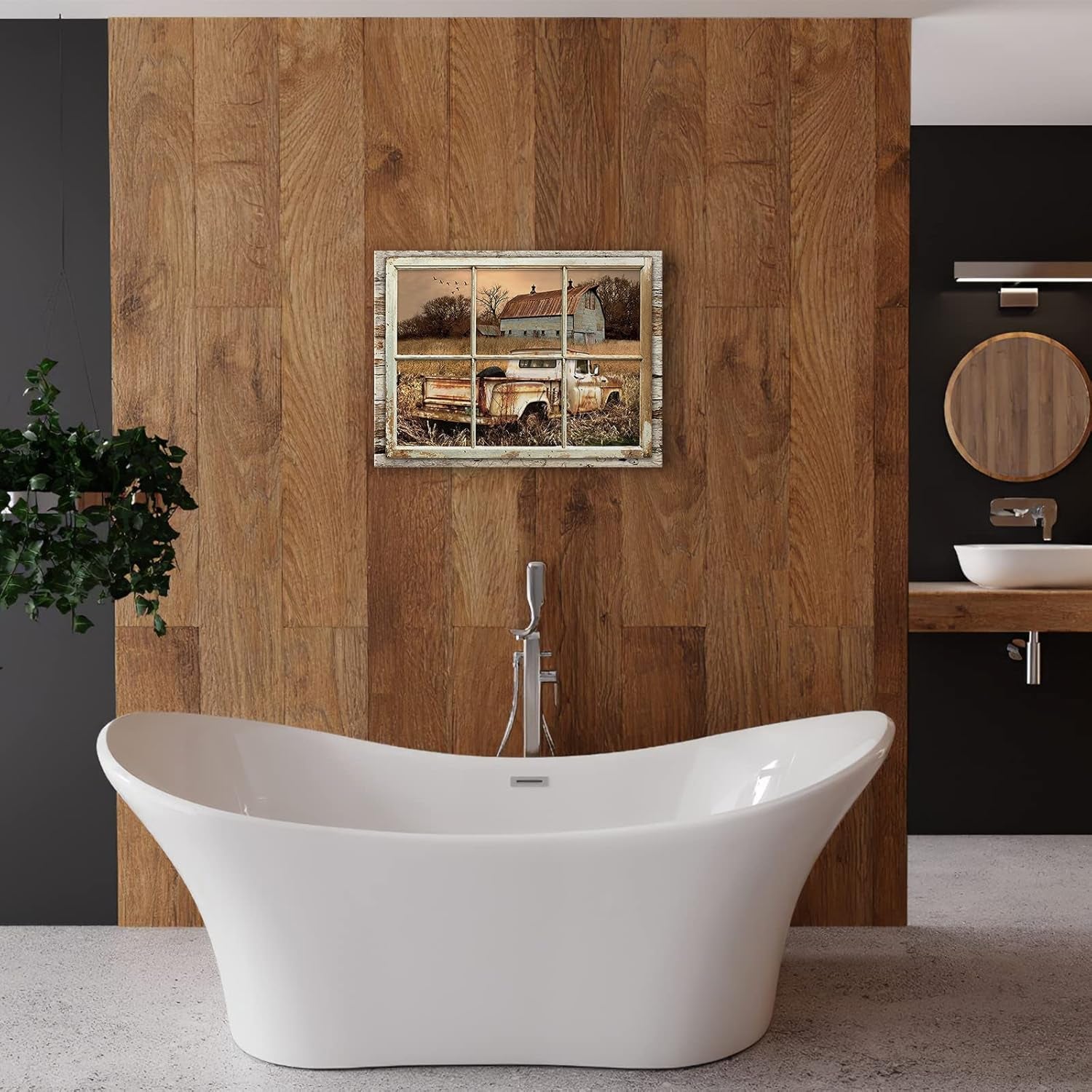 Rustic Old Barn Wall Art Beautiful Barn and Rustic Truck at Sunset through Wooden Window Frame Wall Art for Farmhouse Decor Modern House Wall Art Rustic Retro Canvas Wall Art 20X24 Inch