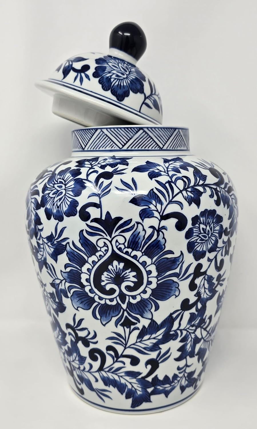 12.5" Blue and White Porcelain Floral Temple Ginger Jar Vase, China Qing Style (Blue)