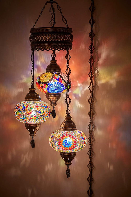 3-Large 7'' Globes Turkish Moroccan Mosaic Plug-In Chandelier - Handmade Pendant Light Fixture with 15-Ft Cord & Chain, Decorative Bohemian Hanging Ceiling Lamp for Living Room, Bedroom, 3.5 Ft