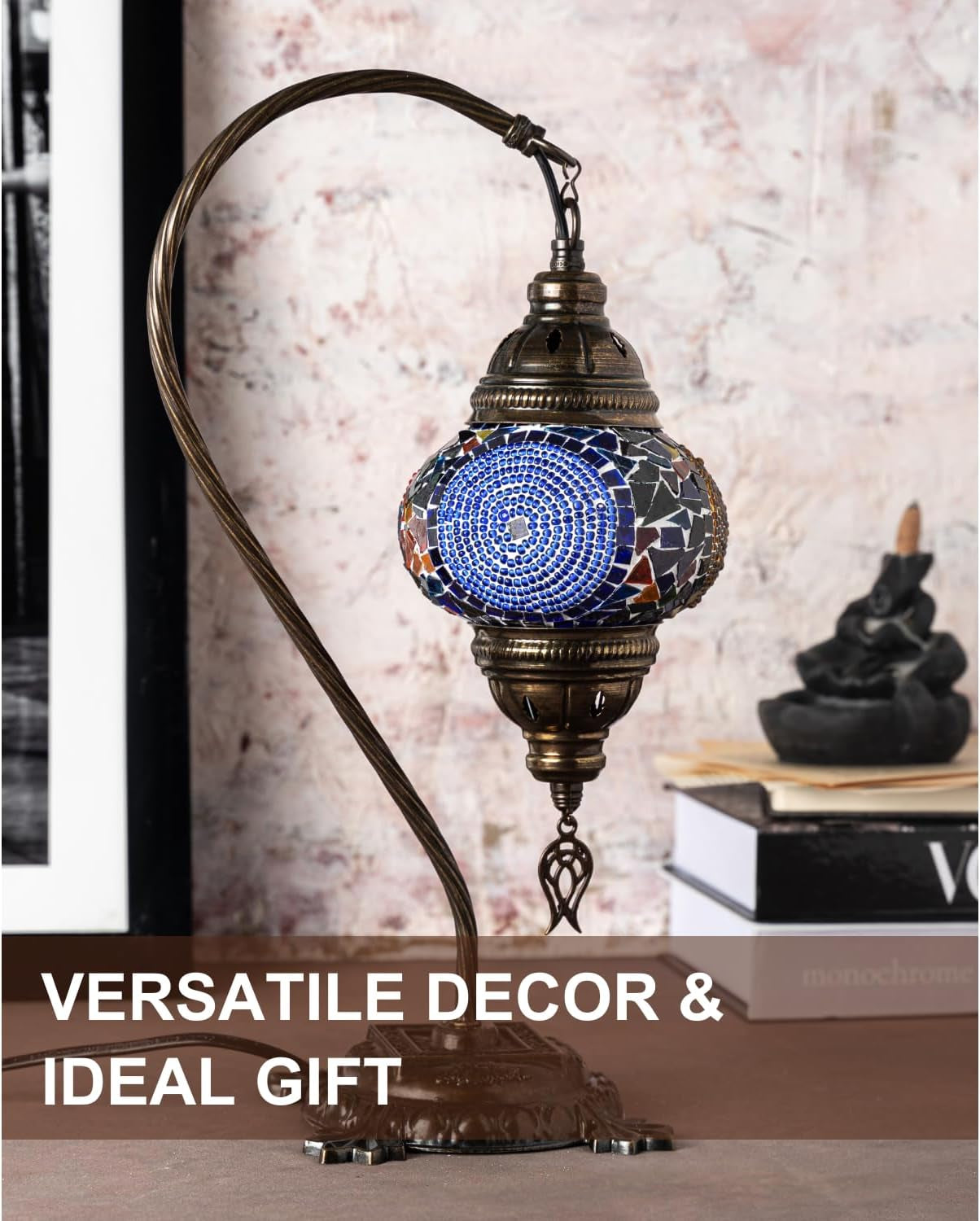 Handmade Turkish Moroccan Mosaic Lamp – Stunning Glass Swan Neck Design with Antique Brass Base, Perfect for Bedroom, Office, and Living Room – Includes Bulb (Red & Navy Central Circles)