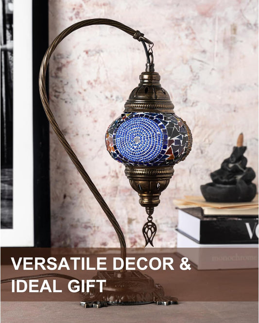 Handmade Turkish Moroccan Mosaic Lamp – Stunning Glass Swan Neck Design with Antique Brass Base, Perfect for Bedroom, Office, and Living Room – Includes Bulb (Red & Navy Central Circles)