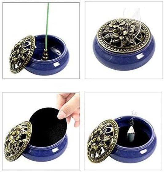 Incense Burner Bowl with Brass Lid + Incense Holder + Stand + Fire Mat for Stick or Tapered Disk Incense, for Home Decor Yoga Spa Meditation 4‘’ (Royal Blue)