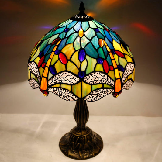 Stunning Tiffany Style Sea Blue & Yellow Dragonfly Table Lamp – Perfect Nautical Desk & Bedside Light for Bedroom, Living Room, & Home Office - 12x12x18 Inches