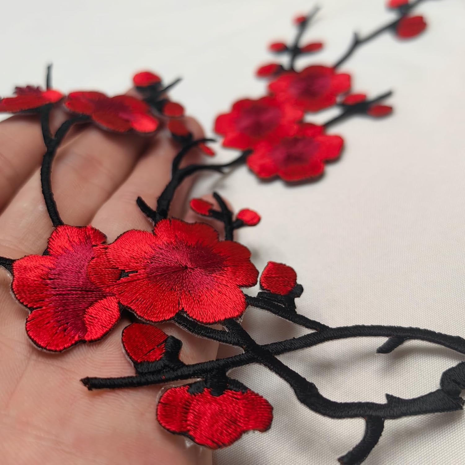 Ava Large Iron on Patches, Red Plum Blossom and Hummingbird Embroidered Patches for Clothes, Chinese Style Applique for Hats, Jeans, Backpacks, Decor for Happy and Hope