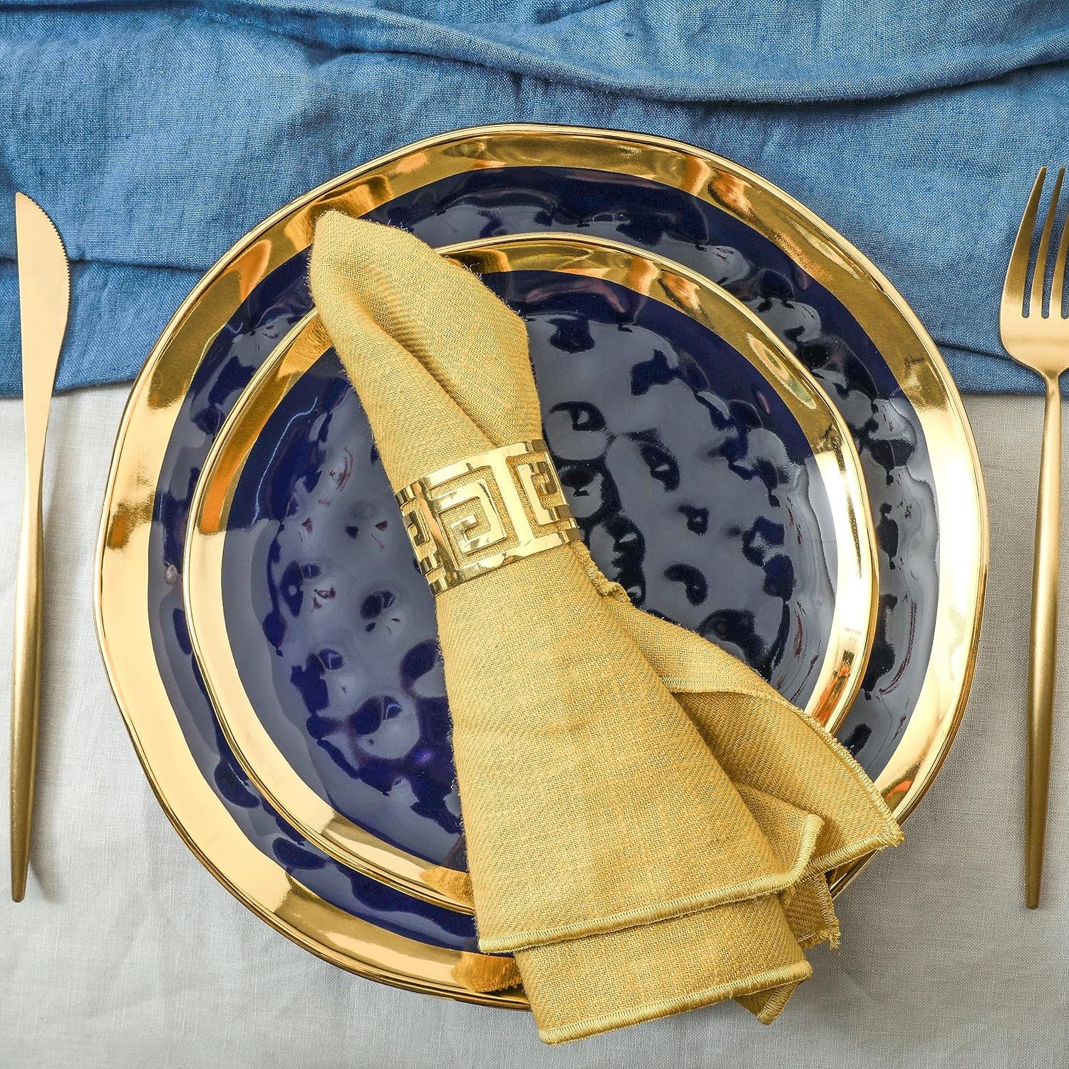 Porcelain 16 Piece Dinnerware Set, Service for 4, Blue and Golden Rim, Dark Blue