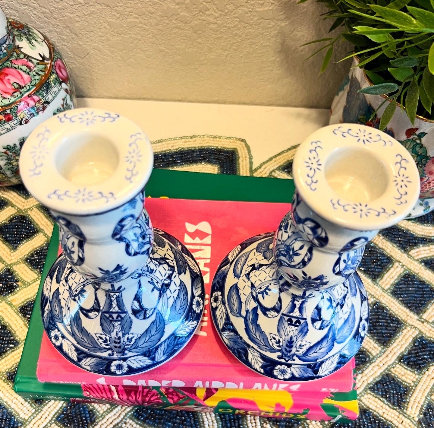 Vintage Chinese Porcelain Embossed Blue & White Candle Holders, 6.75”