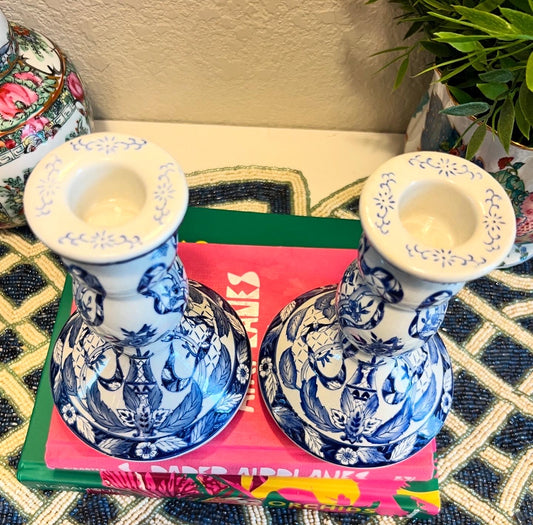 Vintage Chinese Porcelain Embossed Blue & White Candle Holders, 6.75”