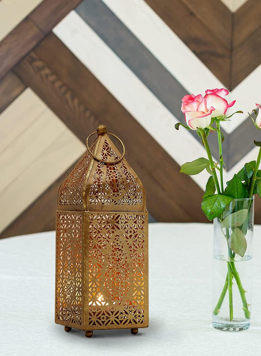 Elegant Moroccan Gold Candle Lantern - Perfect for Indian Weddings, Eid, and Ramadan Celebrations - 2.75" Diameter & 8.5" Tall