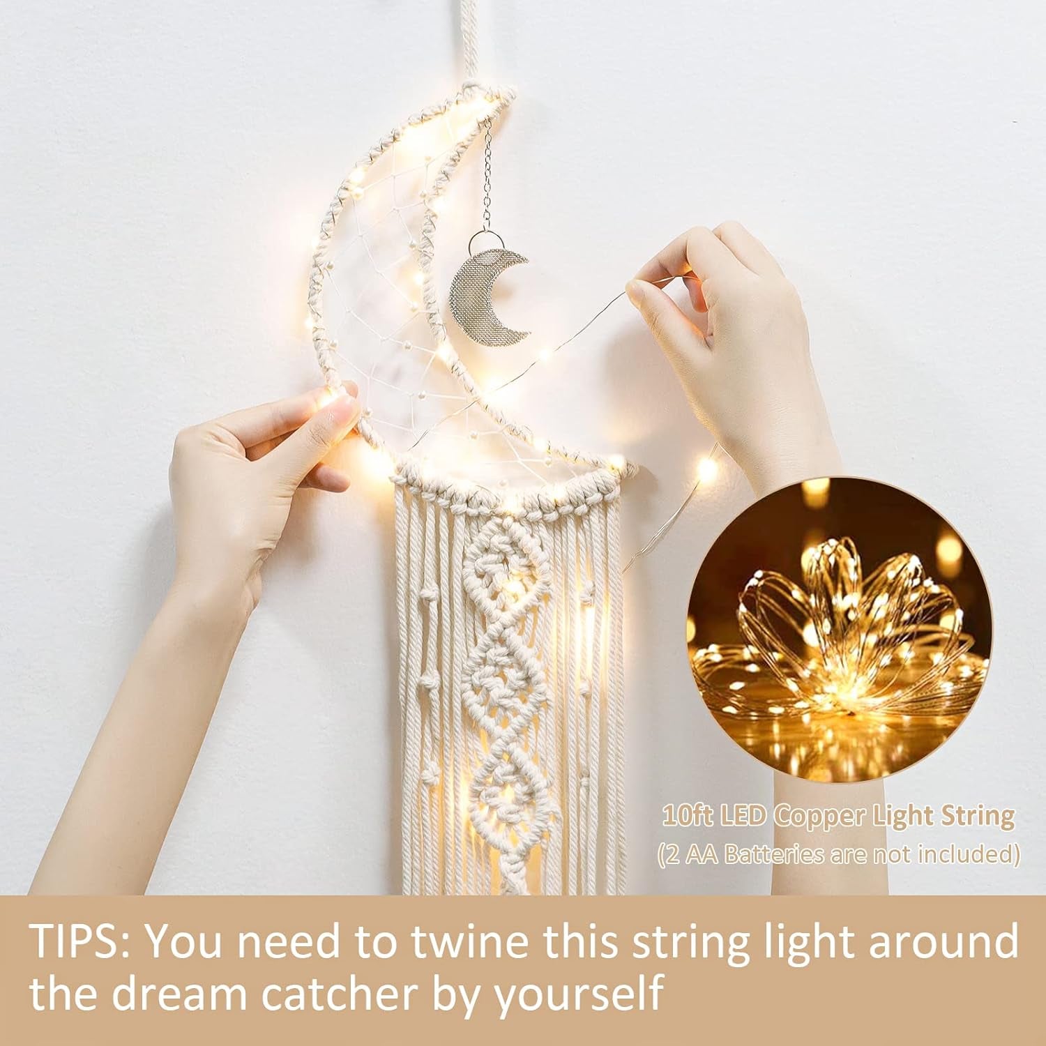 4 Pack Boho Dream Catcher Wall Decor Moon Dream Catcher Macrame Woven Wall Hanging Boho Home Decor Wall Art Beautiful Apartment Dorm Room Decor (Beige)