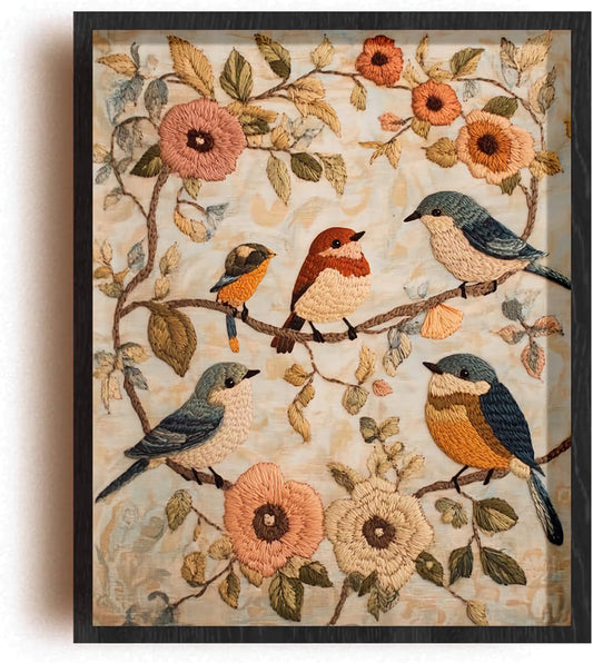 (Unframed) (12X16 Inch) Satin Wall Art Print of Vintage Embroidery of Birds and Flowers - Eco-Friendly Poster, Custom Decor for Home, Office, Bedroom, Bath Room, Living Room, Dining Room, Made in USA
