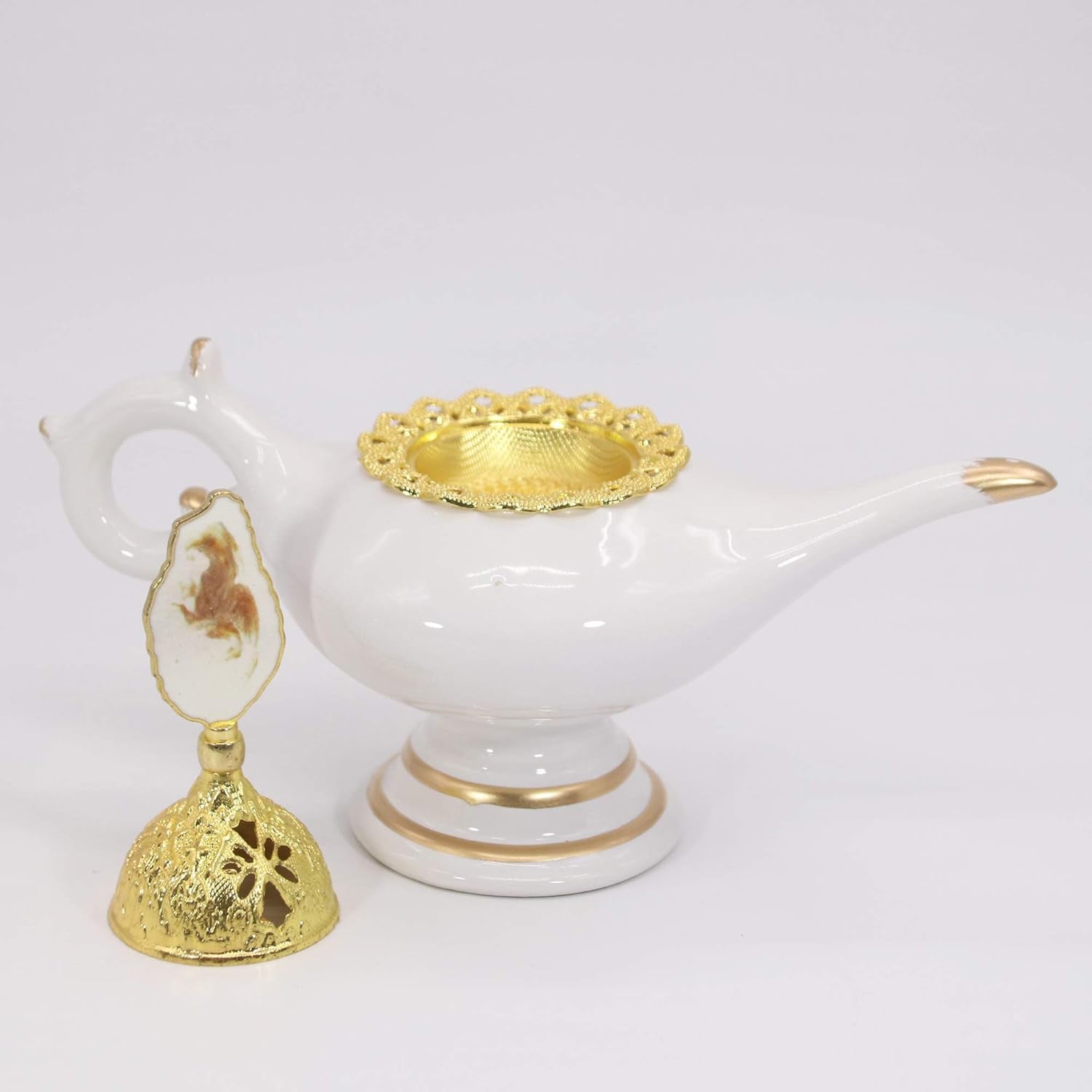 Saazeedeer Lamp Design Charcoal Incense Burner Holder, Green Ceramic Frankincense Incense Burner with Gold Lid (White)