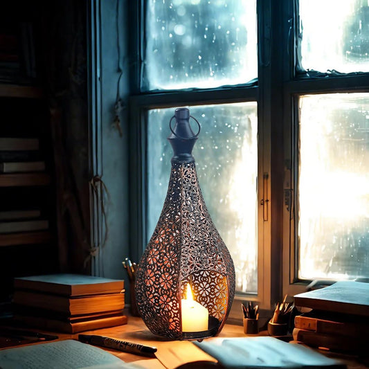 Moroccan Style Candle Lantern Holder, Moroccan Iron Cutout Candle Holder for Hanging or Table Outdoor, Patio or Porch, Indoor Home Decor