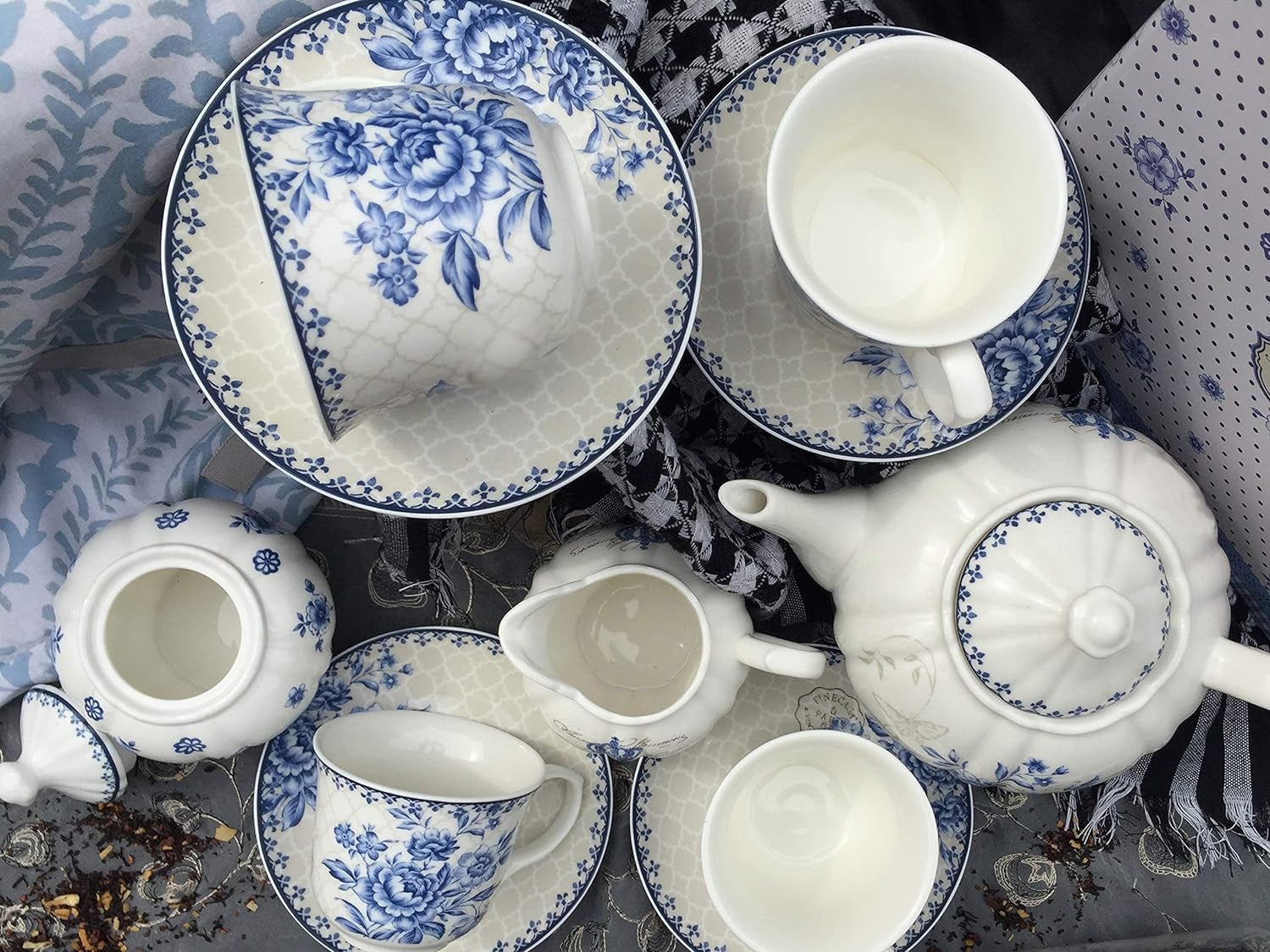 Btat- Blue Dream Tea Set, Tea Cups (8Oz), Tea Pot (48Oz), Creamer and Sugar Set, Gift Box, China Tea Set, Tea Service, Tea Cups and Saucer Set, Tea Set for Adults, Porcelain Tea Set