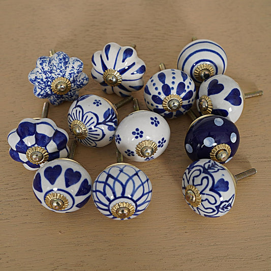 Exquisite Indian Vintage Pottery Cabinet Knobs & Pulls - Blue & White Ceramic Drawer Handles (Set of 12)