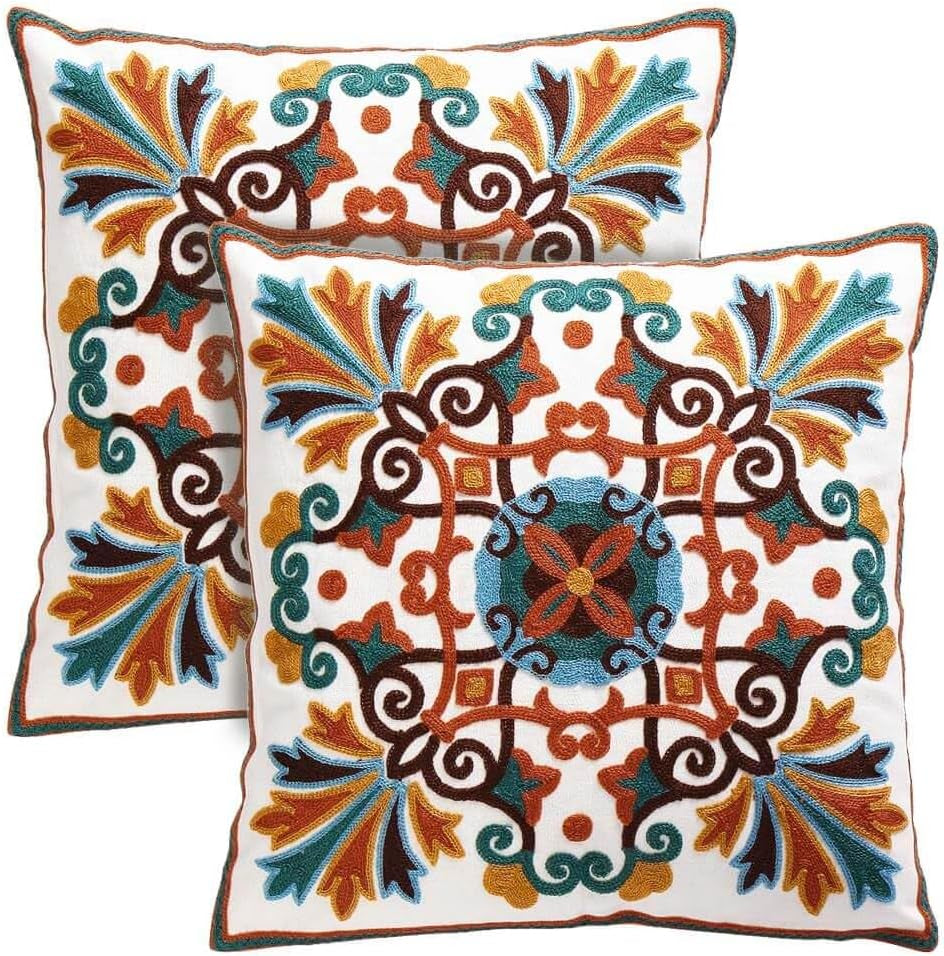 Decorative Couch Pillow Covers for Living Room 18X18 Inches Set of 2 Embroidered Pattern Square Throw Pillows Case Cover for Sofa Bed Chair