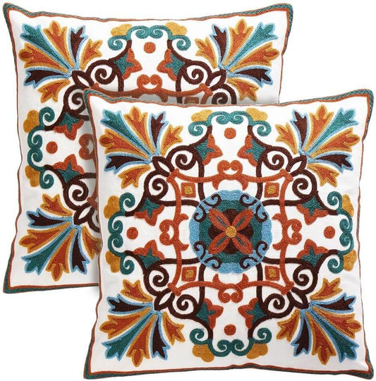 Decorative Couch Pillow Covers for Living Room 18X18 Inches Set of 2 Embroidered Pattern Square Throw Pillows Case Cover for Sofa Bed Chair